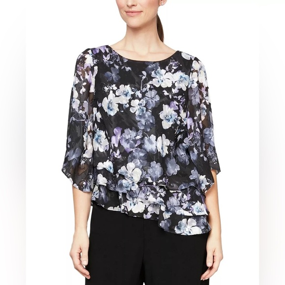 Alex Evening 3/4 sleeve scoop asymmetrical hem floral chiffon blouse Triple Tier - Picture 12 of 13